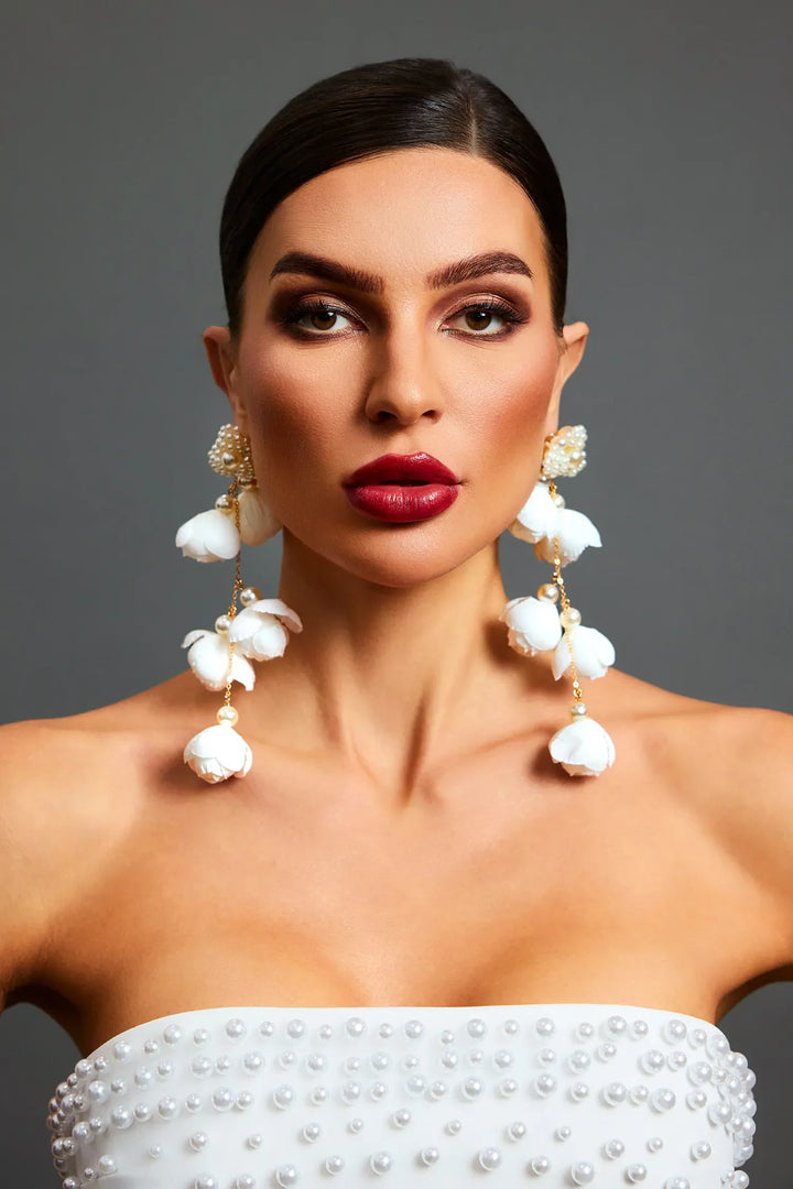 Camellia Earrings – White Flower &amp; Pearls