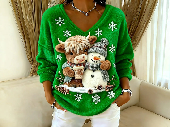 Joséphine | Pull Hiver Festif avec Bonhomme de Neige et Col en V
